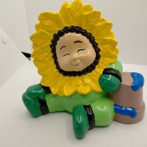 Hand Crafted Sun Flower Baby Figurine Green Flower Pot 5 inch Vintage Ceramic
